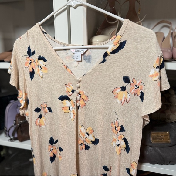 Liz Clairbone Beige Floral Patterned Short Sleeve Blouse Women’s Size Large - Picture 3 of 5